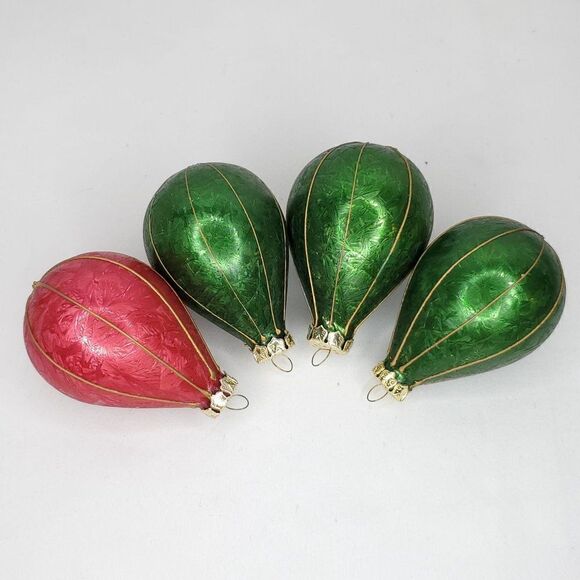 Vintage Glass Ornaments Green Red Textured Frost Balloon Shape Gold Piping - Picture 3 of 10